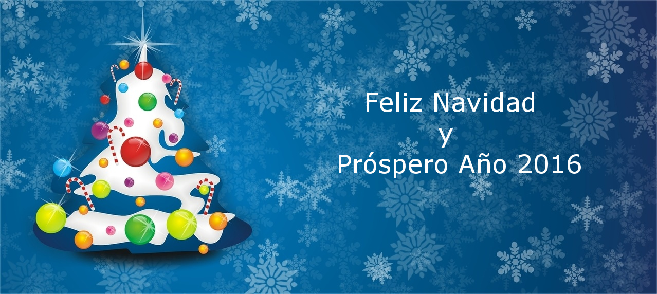 Postal Navideña con mensaje de felicitación y árbol de navidad sobre fondo azul