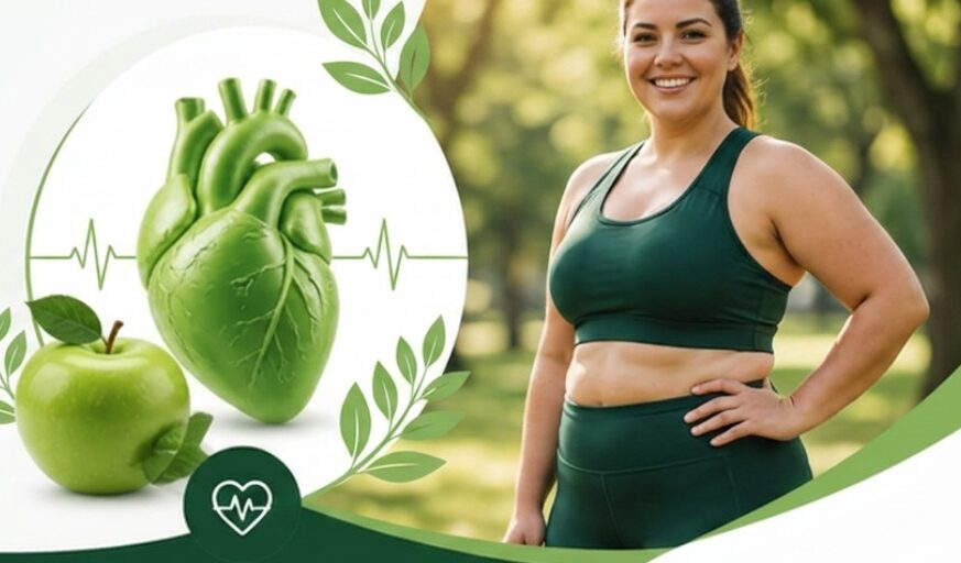 Imagen de una mujer junto a un corazón en tono verde sugiriendo salud.
